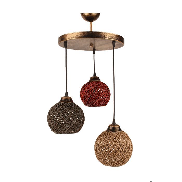Suspension 3 lampes escalier Brax D32cm Métal Or antique et Coton Marron Beige et Orange