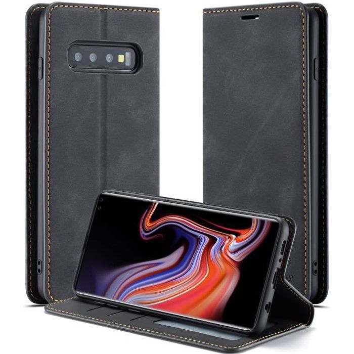 Coque Samsung Galaxy S10+ - S10 Plus, Housse en Cuir Folio Flip Portefeuille Étui Anti-Choc avec Stand et Fentes de Carte Case -Noir