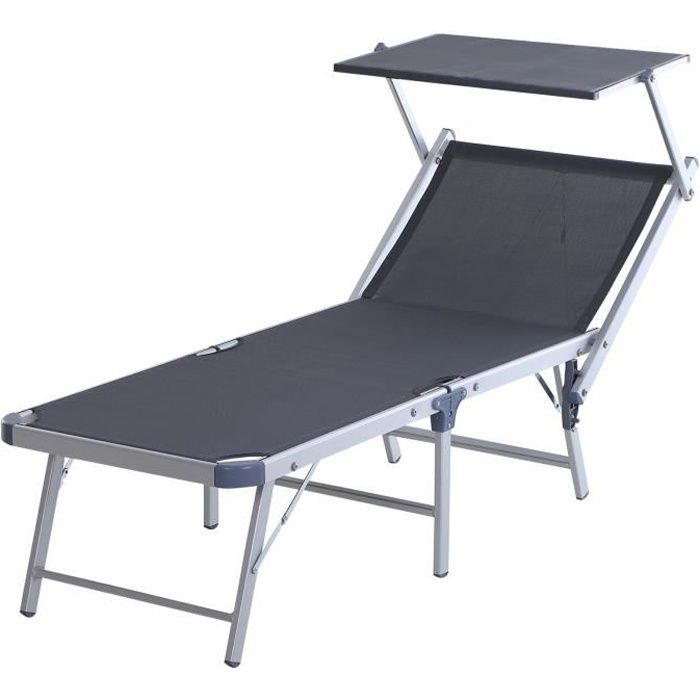 Transat bain de soleil pliable grand confort dossier et pare-soleil réglable alu. textilène gris 169x72x103cm Gris
