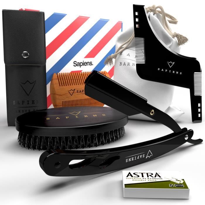 Coffret Barbe Complet : Kit d’Entretien pour Barbe & Moustache avec Rasoir, Lames, Brosse, Peigne, Ciseaux et Pochoir à Barbe
