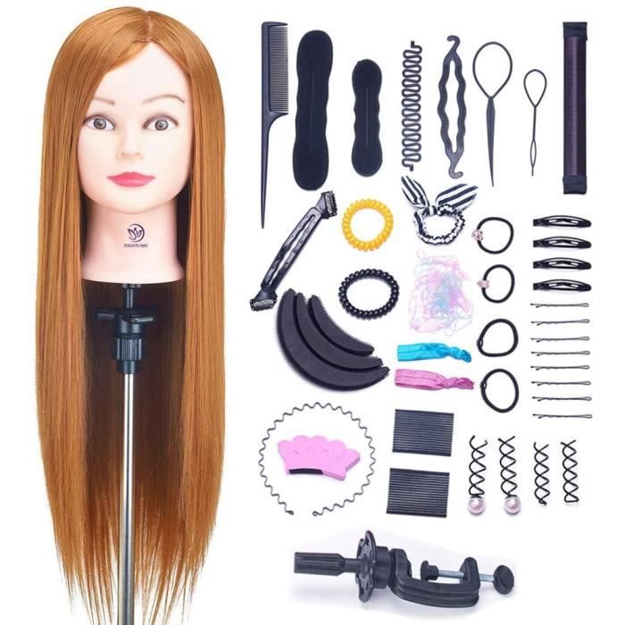 26'' Têtes d'exercice Tête À Coiffer avec Maquillage Cheveux pour le Salon Coiffeur Poupée avec Support + Ensemble de Tr