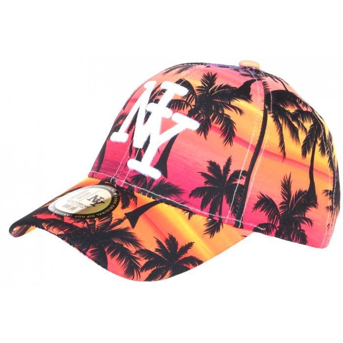 Casquette Baseball NY Jaune Et Violette Motif Tropical Palmiers Coucher De Soleil - Taille Unique Hip Hop Honour