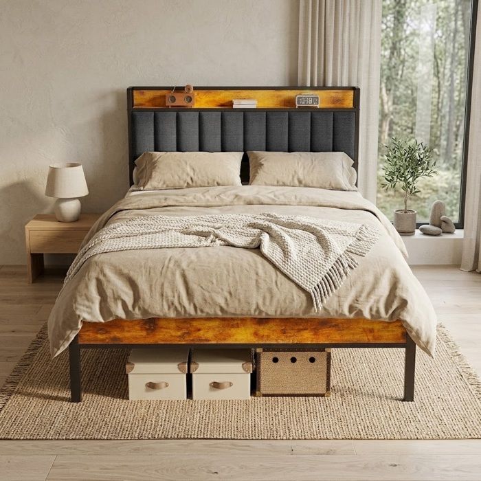 Structure de Lit - Bealife - Lit 140x200 cm - Tête de Lit Capitonnée Rangement - Sommier à Lattes Métal - Pied 375 cm - Gris Foncé