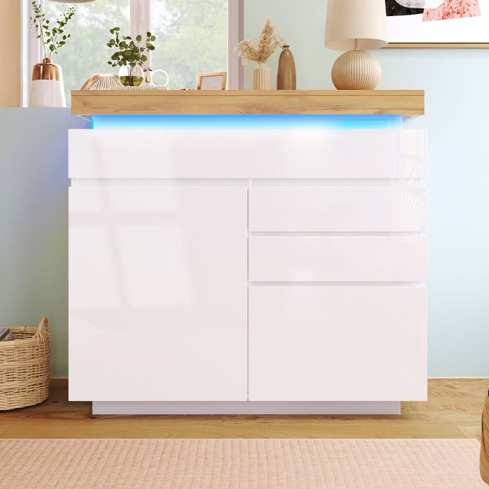 Commode Chambre 2 Portes 3 Tiroirs Buffet Blanc Brillant Moderne à Eclairage LED Armoire Salon Polyvalente 110x39x115cm