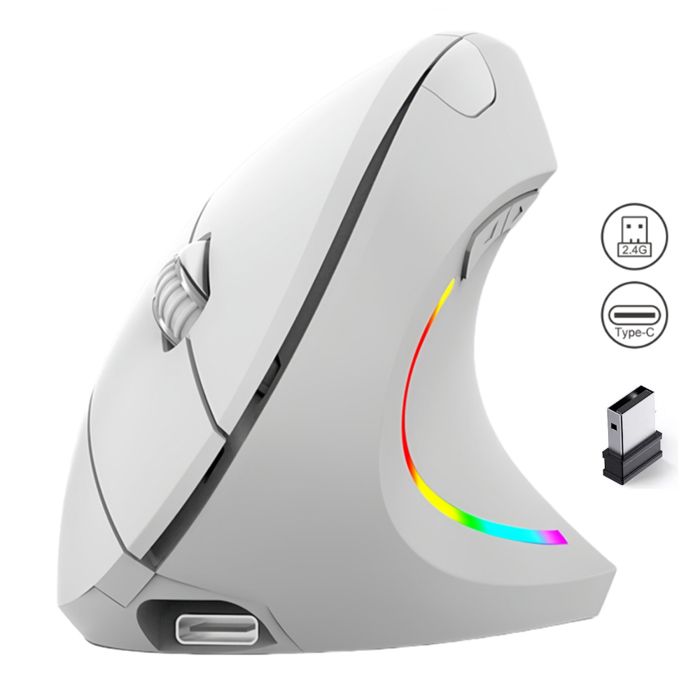 Souris Ergonomique sans Fil 2.4G Blanc Silencieuse Verticale Souris avec 2400 DPI Réglable 6 Boutons pour PC Ordinateur Portable