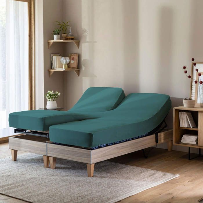 Drap housse émeraude pour lit articulé jersey extensible 2x80x200 - Vert émeraude - Terre de Nuit