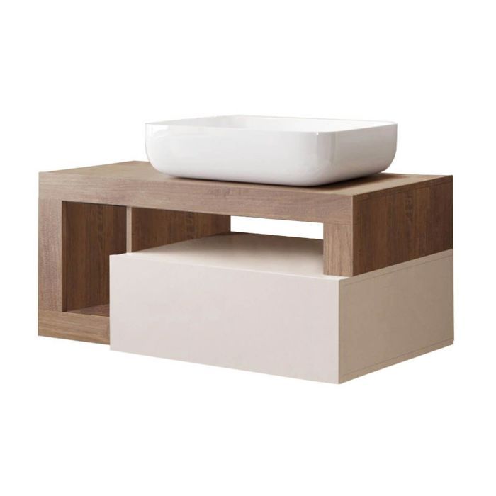 ARTURO - Meuble Vasque 92cm suspendu 1 tiroir beige laqué et aspect bois finition Mercure