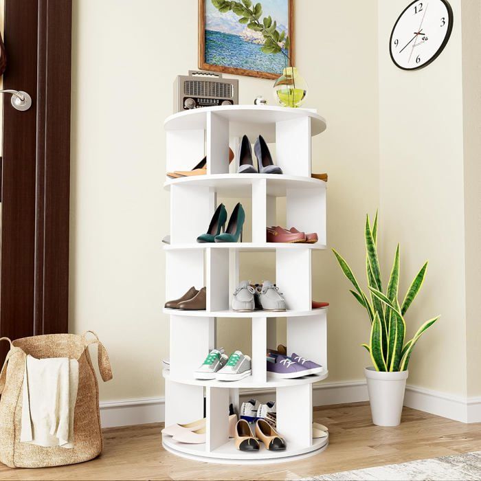 Étagère à chaussures angle pivotant blanc rond 5 niveaux hauteur 115 cm largeur 60 cm
