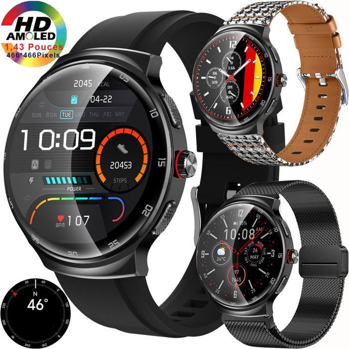 Montre Connectée XtraDiTech Sport Alliage Écran Convexe Sphérique AMOLED Rond 143 F.C.au Temps Réel Dos Lentille Fresnel 3Bracelets