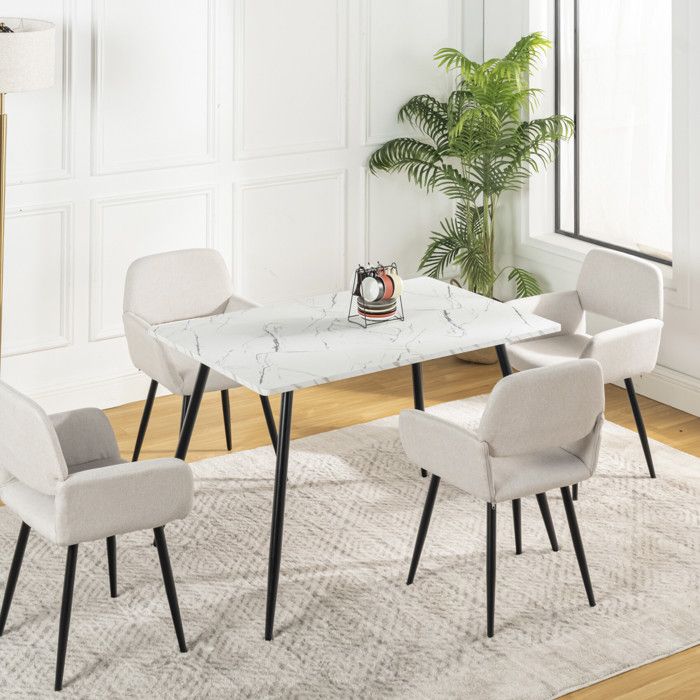URBAN MEUBLE-Ensemble de salle à manger- 5 pièces - table effet marbre blanc - pieds noirs - avec 4 chaises en tissu beige URBAN MEUBLE-Ensemble de salle à manger- 5 pièces - table effet marbre blanc - pieds noirs - avec 4 chaises en tissu beige