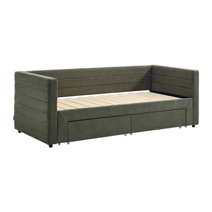 Lit gigogne 2 x 80 x 200 cm - Avec sommier peigne et tiroirs - Tissu texturé - Vert - CAMITY Lit gigogne 2 x 80 x 200 cm - Avec sommier peigne et tiroirs - Tissu texturé - Vert - CAMITY