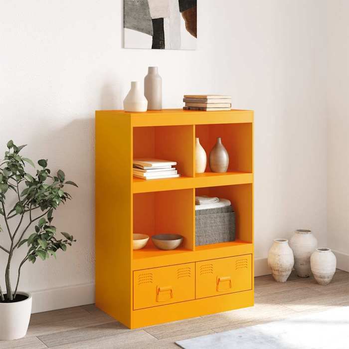 Buffet en acier - vidaXL - Jaune moutarde - 67x39x95 cm - 4 étagères - 2 tiroirs - 2 poignées en métal - Capacité 76 kg