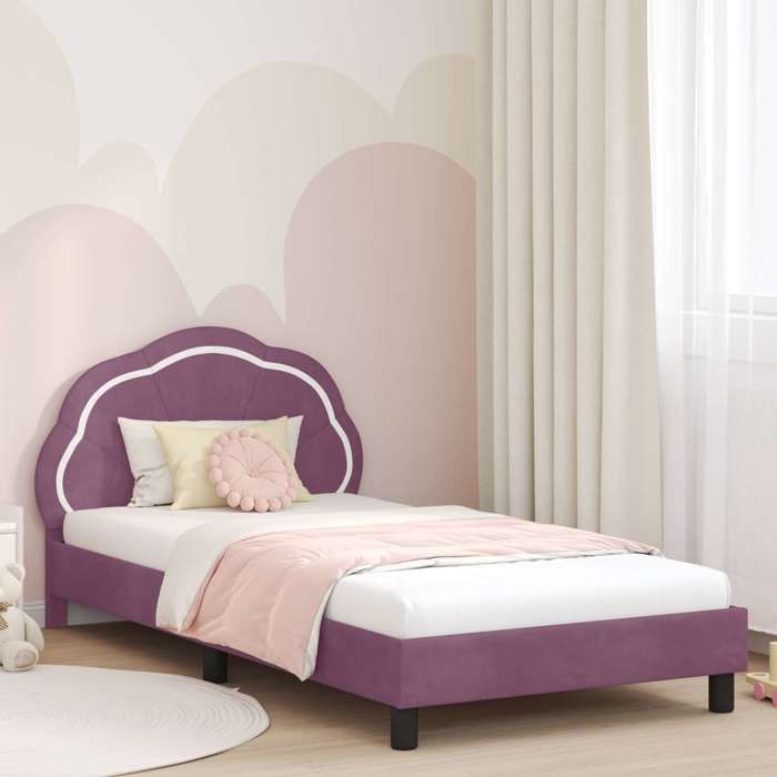 Lit enfant avec tête de lit - UU - Violet - 90x190 cm - Velours - Bois dingénierie - Poches de rangement