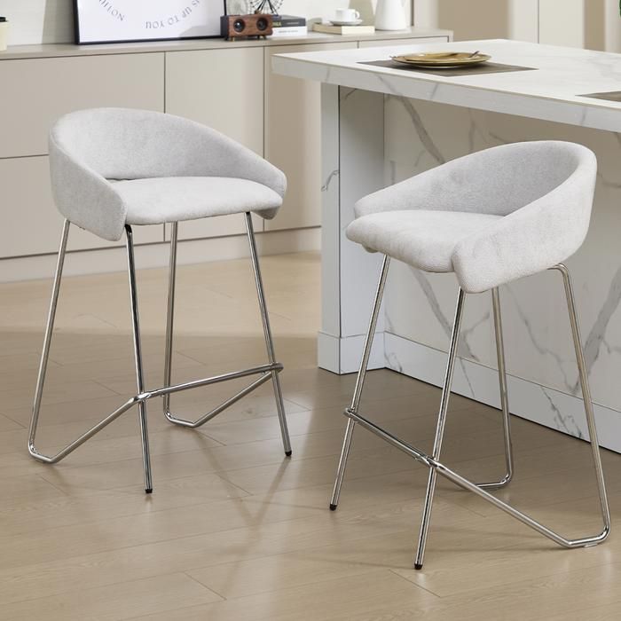 Ya-home Tabouret de Bar Lot de 2 Tabouret Haut Cuisine avec Repose-Pied en Métal Chaise Bar pour Ilot Central Chenille Gris