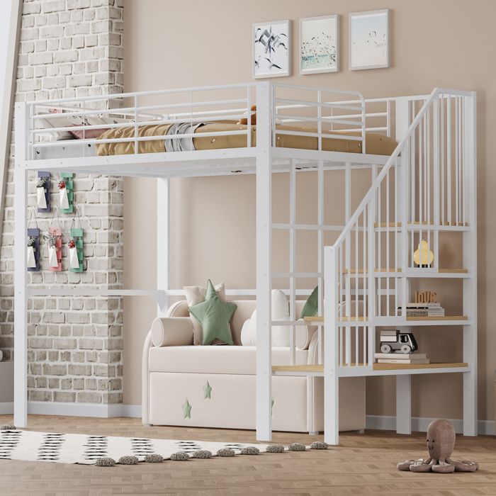 Lit mezzanine en métal 140 x 200 cm Lit double avec escalier et rangement sous le lit Convient enfant adolescent et adulte Blanc