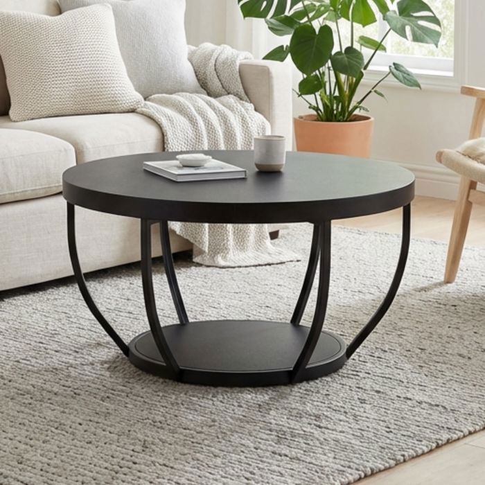 Table basse ronde Ø 80 cm – Table d’appoint moderne avec 2 plateaux -Structure en métal - Plateau épais 46 mm - Noir
