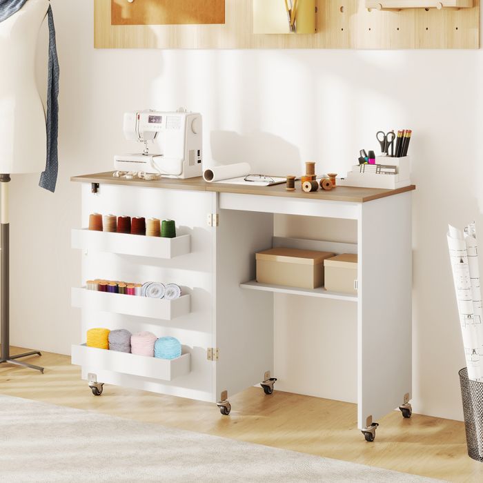 GIANTEX Table de Couture Pliante avec Roulettes Bureau Mobile avec Étagère de Rangement et 3 Boîtes 118 5x40x79 5cm Blanc+Naturel GIANTEX Table de Couture Pliante avec Roulettes Bureau Mobile avec Étagère de Rangement et 3 Boîtes 118 5x40x79 5cm Blanc+Naturel