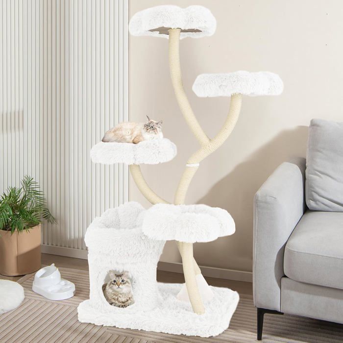 Comparer les prix de GIANTEX Arbre à Chat 165 CM 4 Plates-Formes en Forme de Fleur GrotteGriffoir en Sisal Centre d’Activités pour Chats Blanc