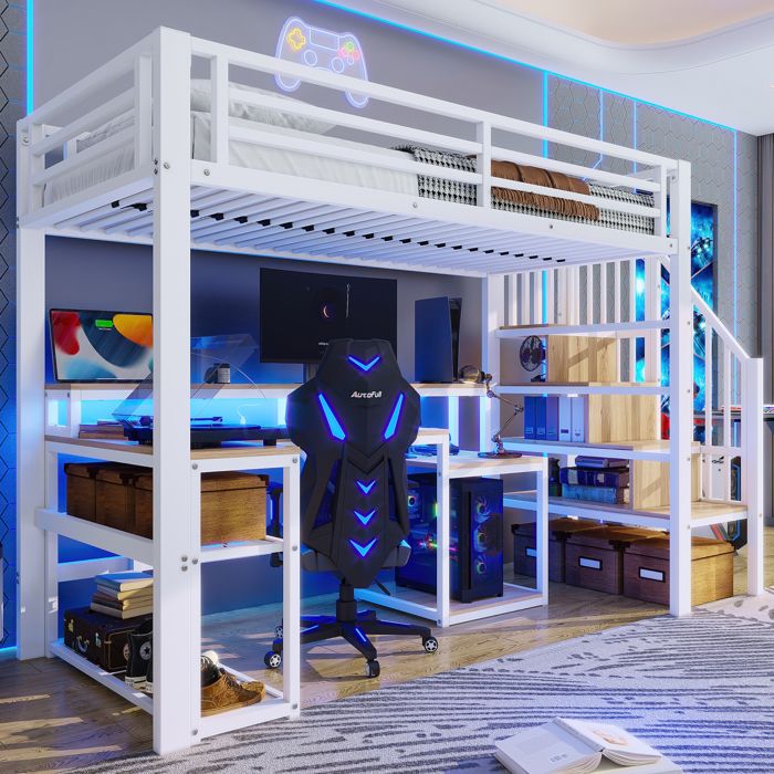Lit mezzanine multifonctionnel - 90x200 cm - Blanc - Cadre en fer - Bande LED intelligente - Port USB