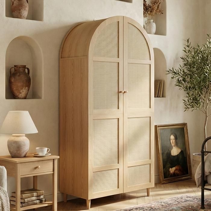 Armoire 80x50x179cm - Porte en Rotin Arqué - Penderie & Tiroir - Style Boho Chic - Panneaux de Particules et MDF - Naturel