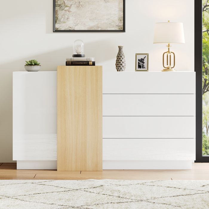 Buffet Blanc Brillant 140 cm avec 4 Tiroirs et 2 Portes Meuble de Rangement Moderne à Ouverture Push