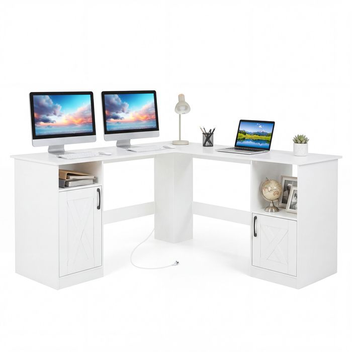 COSTWAY Bureau d’Angle en Forme de L avec Station de Charge Intégrée 2 Prises Étagères Placards de Rangement 150 x 150 x 76 cm COSTWAY Bureau d’Angle en Forme de L avec Station de Charge Intégrée 2 Prises Étagères Placards de Rangement 150 x 150 x 76 cm