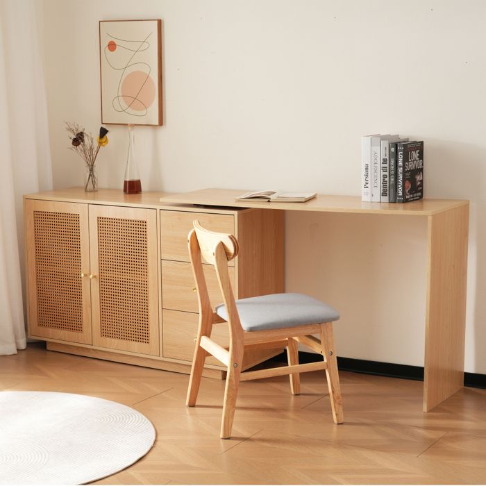 Buffet Bahut Salon meuble de rangement avec Table dangle en L Table dordinateur avec porte à rattan Table de coiffure