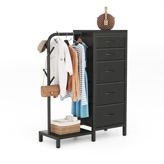 Porte-Manteau avec 5 tiroirs 76x30x112 cm – meuble de rangement vêtements étagères gain de place pour chambre bureau noir