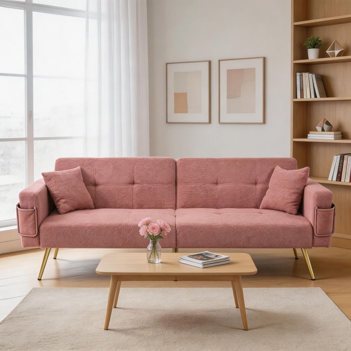 Canapé-lit convertible - 2 places 175x64x72 - Tissu sherpa rose - Dossier inclinable 3 positions - Pieds dorés