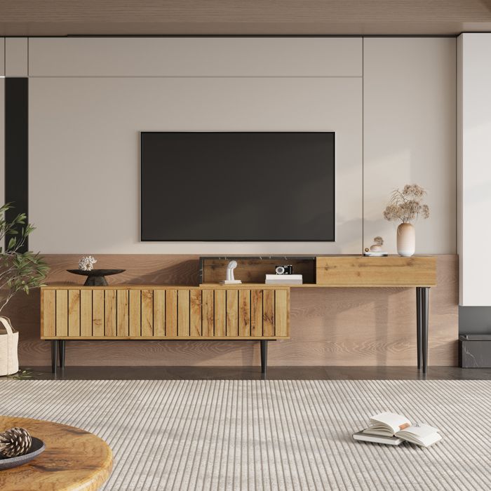 Meuble TV moderne effet marbre et bois foncé banc TV 129 cm avec pieds en fer rangement multimédia pour salon