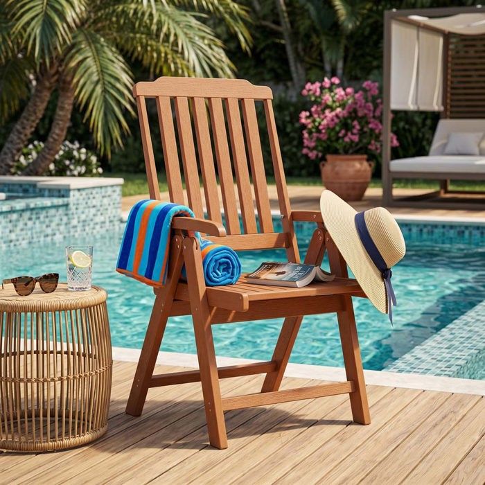 Chaise de jardin - CRESTA - Dossier haut - Pliable - Aspect bois HDPE - Accoudoirs larges