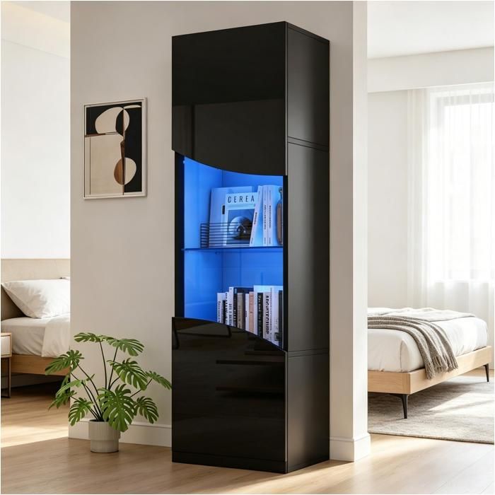 Armoire vitrine de salon - Dimensions 35x50x165 cm - Éclairage LED intégré - Surface ondulée concave
