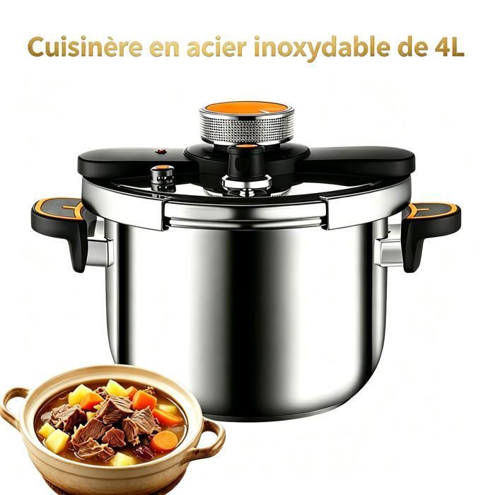 Cuiseur à Pression Inox 4L 100kPa Anti-Explosion & Sécurité Compatible Induction/Gaz Idéal Cuisine Maison