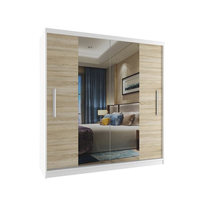 BELINI Grande Armoire 2 Portes Coulissantes VERONA ME 158 cm - Blanc / Chêne Sonoma - Miroir Intégré & Tringle - Chambre Adulte