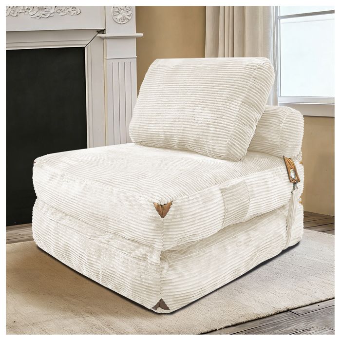Fauteuil lounge 1 place blanc en flanelle avec rangement intégré convertible design compact avec pompons
