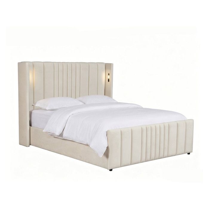 Lit double avec coffre en tissu et lampes intégrés Verbier - 140 x 190 cm - Beige