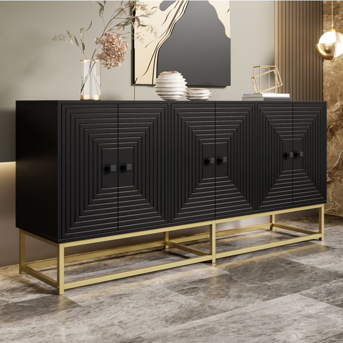 Buffet bas bahut 6 portes noir mat 160 cm meuble de rangement moderne à relief 3 compartiments ORVRYN