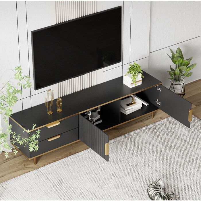 Meuble TV 2 Tiroirs et 2 Portes Façades Sculptées Pieds Surélevés - BEAUNIV - Noir et Or Salon 170×37×45 cm