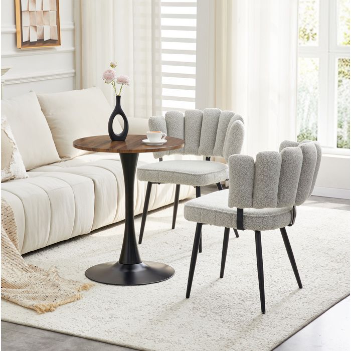 Ensemble table ronde 60 cm en MDF aspect noyer avec 2 chaises gris clair à dossier pétale et pieds noirs