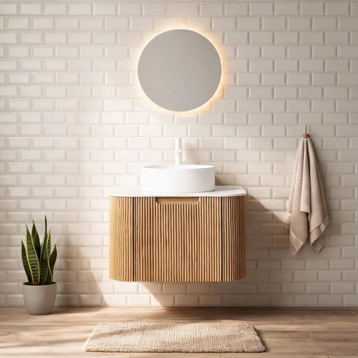 Meuble sous vasque suspendu 61 cm finition bois naturel vasque céramique blanche et plateau pierre frittée soft white tiroir à