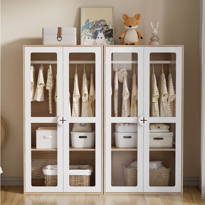 Armoire Enfant Lot de 2 4 Portes en Acrylique avec Tringle et 10 Niveaux - ELVMI - Blanc Bois Naturel 160×50×150 cm