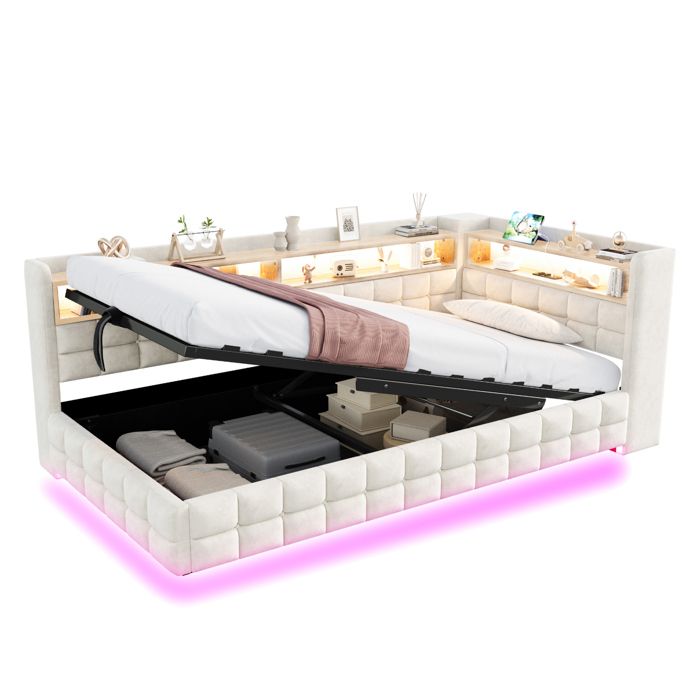 Lit combiné 90×200 cm 1 place rangement hydraulique étagères intégrées LED USB et Type-C sans matelas beige