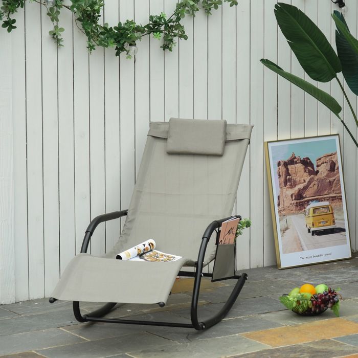 Fauteuil à bascule de jardin 150 x 62 x 88 cm noir et gris avec appui-tête et poche latérale