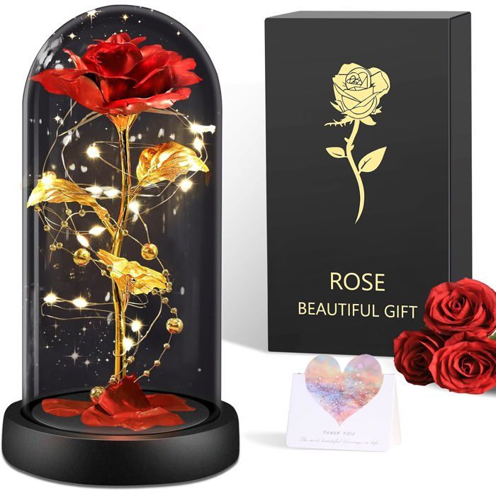 Rose Éternelle LED sous Cloche Verre - Rose Rouge Romantique Inspirée Belle et la Bête - Cadeau Saint Valentin Fête Mères