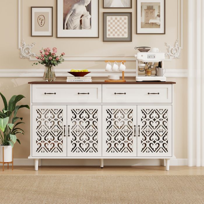 Buffet vintage - Blanc - 150x40x90.3 cm - Portes décoratives sculptées - Plateau en bois massif contrasté