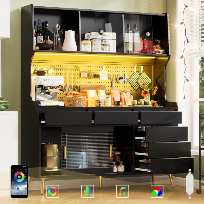 Buffet haut salle à manger moderne-Meuble vaisselier cuisine avec éclairage LED-Armoire vitrine salon145x39x171 cmcouleur noir