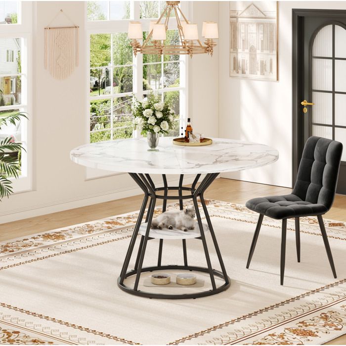 Table de Salle à Manger Ronde Étagère Centrale et Pieds Réglables - HAVRYA - MDF Effet Marbre Noir 100×100×76 cm