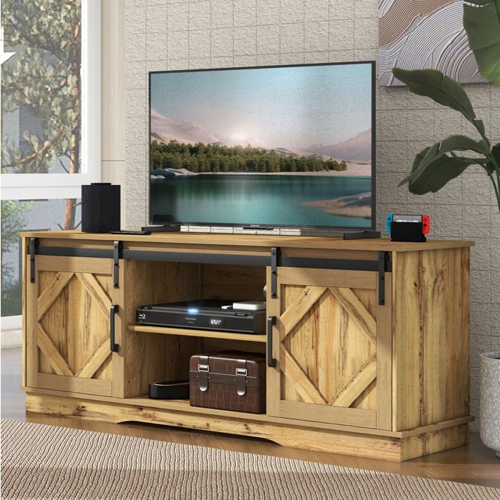VEVXYN Meuble TV portes coulissantes 150 cm style campagne bois rustique 80 kg marron étagères réglables pour salon et séjour