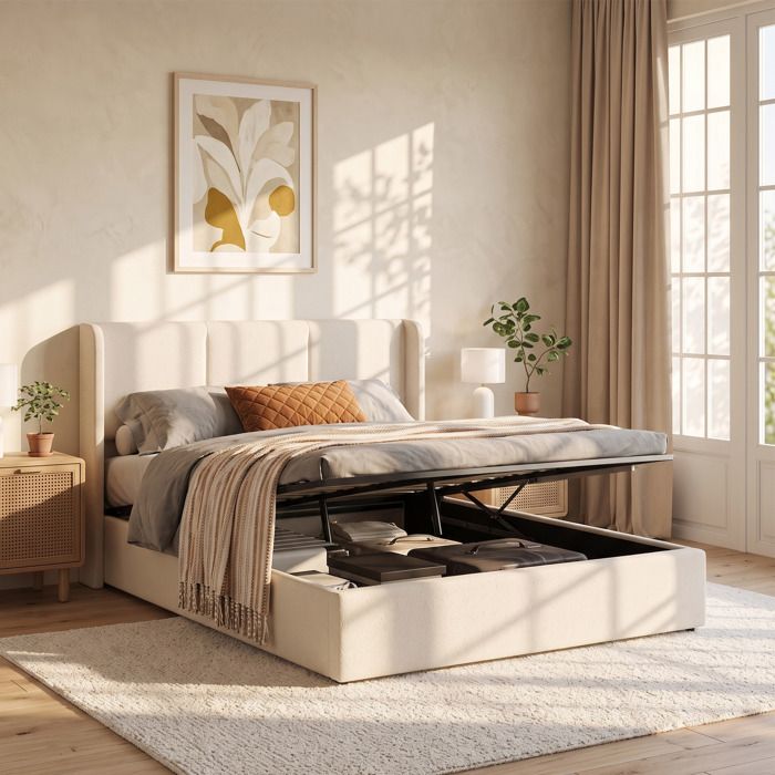 Lit 160x200 cm - Lit coffre 160x200 - Lin beige - Sommier 24 lattes - Coffre hydraulique
