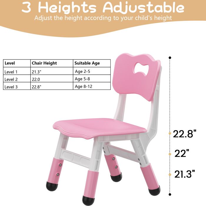 KOIOPLIE Lot de 2 chaises enfant réglables 3 hauteurs 26/28/30 cm dossier ergonomique plastique durable pieds antidérapants Rose